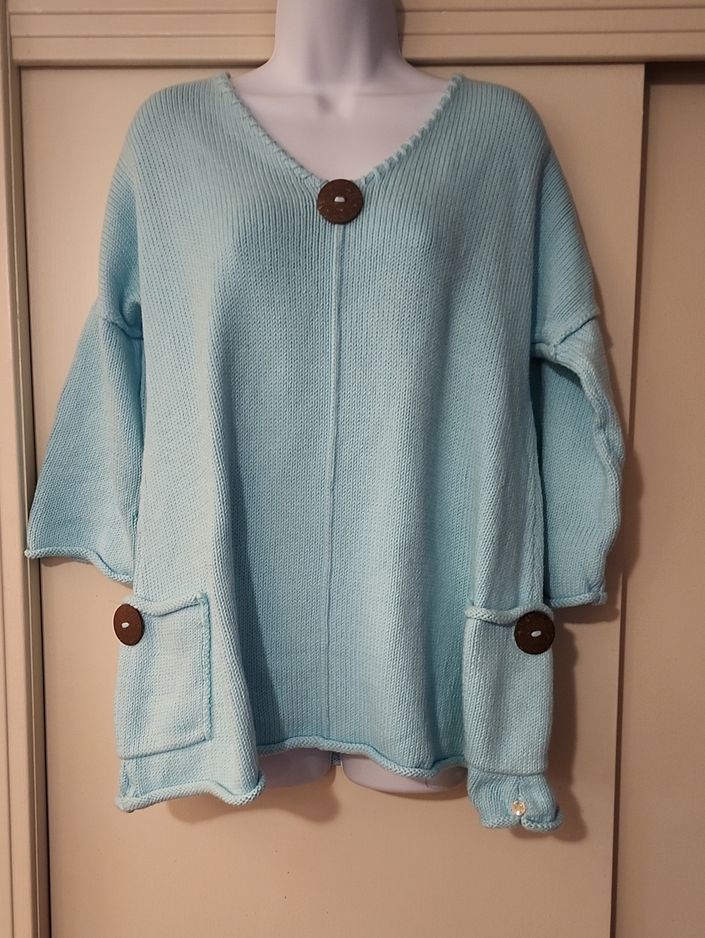 Pure Handknit Light Blue V-Neck Button Pocket Women's Sweater